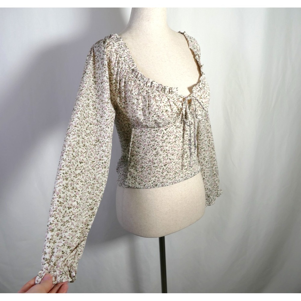 Womens Cottagecore Floral Smocked Milkmaid Top Size M Tie Front Coquette Dainty